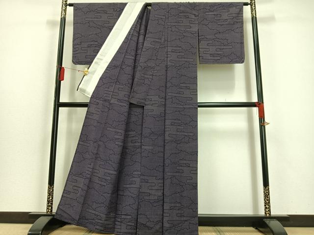 平和屋着物▽本塩沢 単衣 110亀甲 エ霞雲文 正絹 逸品 未使用 AAAS1513oa
