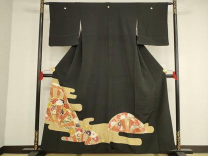 平和屋着物■豪華黒留袖 駒刺繍 霞取り片輪車花文 金彩 正絹 逸品 AAAS2218pf
