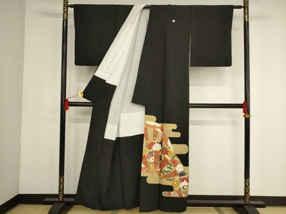 平和屋着物■豪華黒留袖 駒刺繍 霞取り片輪車花文 金彩 正絹 逸品 AAAS2218pf