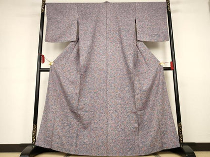 平和屋着物▽上質な小紋　単衣　紬地　更紗花鳥文　正絹　逸品　AAAS3050iu