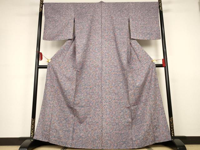 平和屋着物▽上質な小紋　単衣　紬地　更紗花鳥文　正絹　逸品　AAAS3050iu