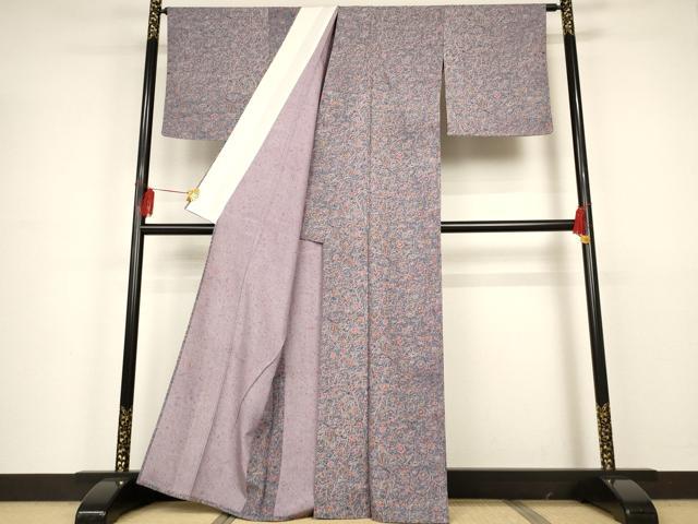 平和屋着物▽上質な小紋　単衣　紬地　更紗花鳥文　正絹　逸品　AAAS3050iu
