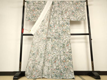 平和屋着物▽上質な小紋 単衣 短冊花鳥文 金彩 鬼しぼ縮緬 ロング丈 正絹 逸品 未使用 AAAS3062iu