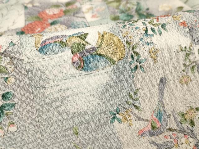 平和屋着物▽上質な小紋 単衣 短冊花鳥文 金彩 鬼しぼ縮緬 ロング丈 正絹 逸品 未使用 AAAS3062iu