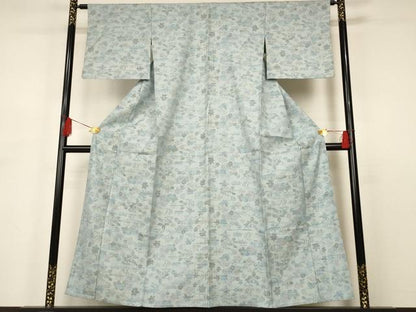 平和屋着物▽上質な紬 単衣 流水草花文 正絹 逸品 AAAS3067iu