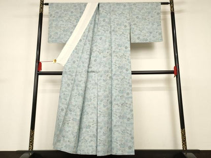 平和屋着物▽上質な紬 単衣 流水草花文 正絹 逸品 AAAS3067iu