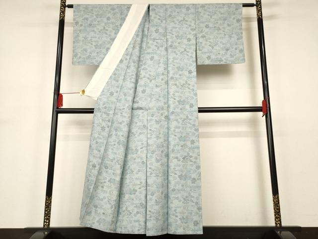 平和屋着物▽上質な紬 単衣 流水草花文 正絹 逸品 AAAS3067iu