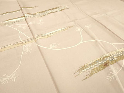 平和屋着物▽訪問着　単衣　駒刺繍　枝葉吉祥文　金彩　正絹　逸品　AAAS3076iu