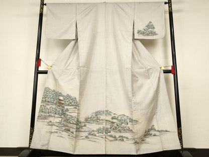 平和屋着物▽京友禅の巨匠・頼田勉 臈纈染手描友禅 本場染大島紬 訪問着 単衣 手描き 風景文 暈し染め 正絹 逸品 AAAS3087iu