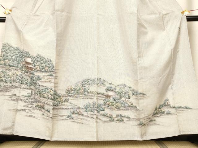 平和屋着物▽京友禅の巨匠・頼田勉 臈纈染手描友禅 本場染大島紬 訪問着 単衣 手描き 風景文 暈し染め 正絹 逸品 AAAS3087iu