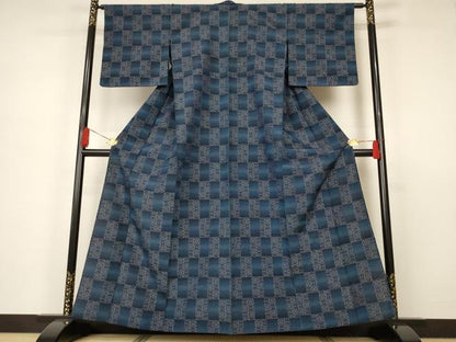 平和屋着物▽上質な紬 単衣 市松文様 正絹 逸品 AAAS3088iu