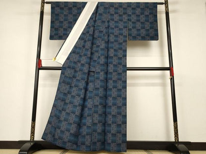 平和屋着物▽上質な紬 単衣 市松文様 正絹 逸品 AAAS3088iu