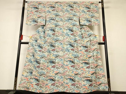 平和屋着物▽上質な小紋 単衣 型染め 立波文 正絹 逸品 未使用 AAAS3091iu
