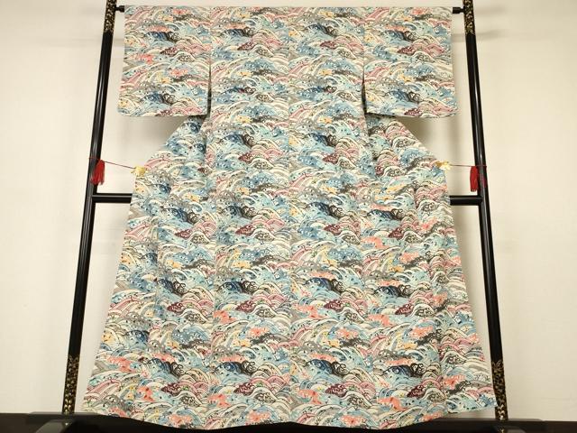 平和屋着物▽上質な小紋 単衣 型染め 立波文 正絹 逸品 未使用 AAAS3091iu