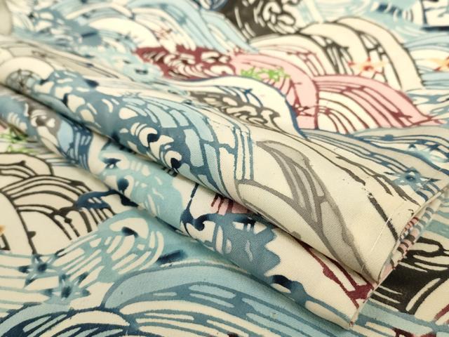 平和屋着物▽上質な小紋 単衣 型染め 立波文 正絹 逸品 未使用 AAAS3091iu