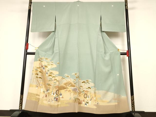 平和屋着物▽豪華色留袖　単衣　作家物　渡橋人物風景御所車文　金彩　正絹　逸品　AAAS3095iu