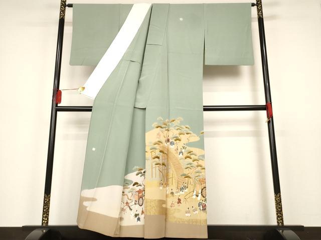 平和屋着物▽豪華色留袖　単衣　作家物　渡橋人物風景御所車文　金彩　正絹　逸品　AAAS3095iu