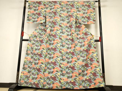 平和屋着物▽上質な小紋 単衣 紬地 型染め 草花文 正絹 逸品 未使用 AAAS3096iu