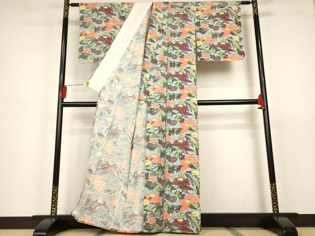 平和屋着物▽上質な小紋 単衣 紬地 型染め 草花文 正絹 逸品 未使用 AAAS3096iu