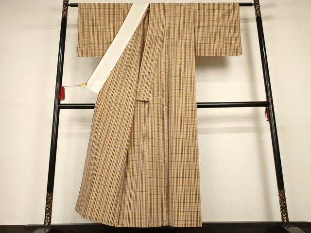 平和屋着物▽上質な紬 単衣 格子 正絹 逸品 AAAS3101iu