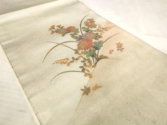 平和屋着物◎太鼓柄袋帯　螺鈿　草花文　金彩　金通し地　正絹　逸品　AAAS4361hg