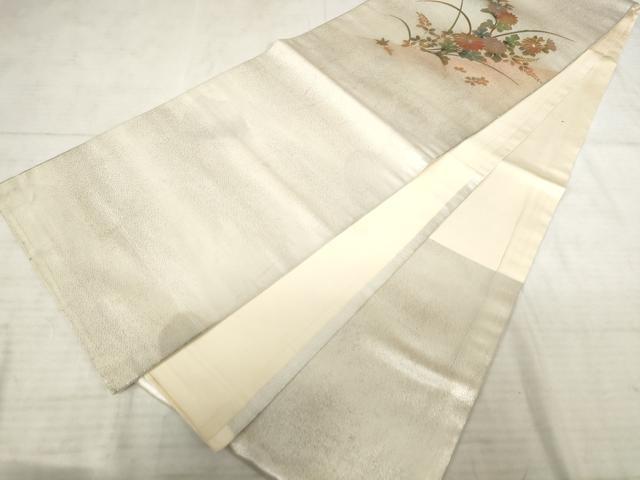 平和屋着物◎太鼓柄袋帯　螺鈿　草花文　金彩　金通し地　正絹　逸品　AAAS4361hg