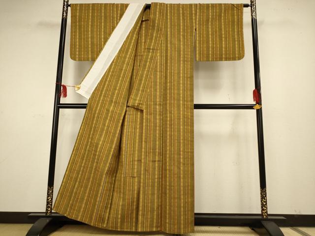 平和屋着物▽上質な紬 単衣 縞 正絹 逸品 AAAS4938fy