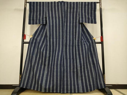 平和屋着物▽久留米絣　単衣　縞　綿　AAAS4940fy
