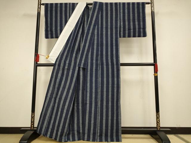 平和屋着物▽久留米絣　単衣　縞　綿　AAAS4940fy