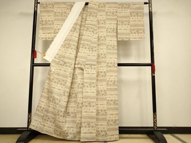 平和屋着物▽上質な紬 単衣 横段文 正絹 逸品 AAAS4942fy