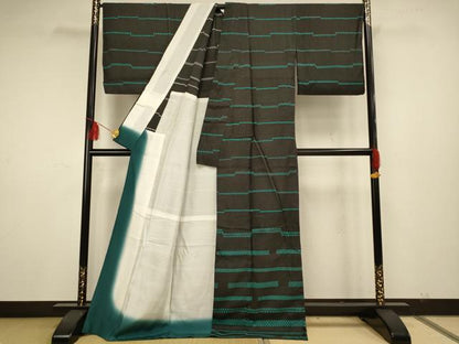 平和屋着物▽付下げ 単衣 紬地 幾何学文 胴抜き仕立て 正絹 逸品 AAAS4945fy