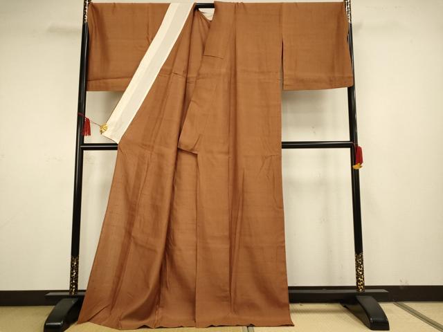 平和屋着物▽上質な紬 単衣 土色 ロング丈 正絹 逸品 AAAS4947fy