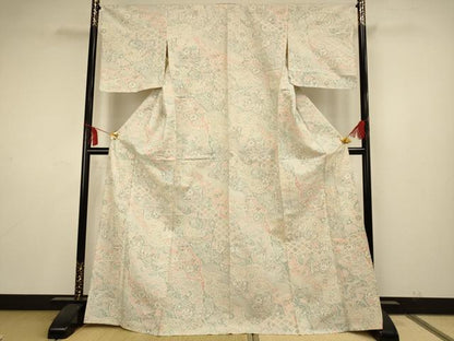 平和屋着物▽上質な小紋 単衣 紬地 辻が花 ロング丈 正絹 逸品 AAAS4952fy