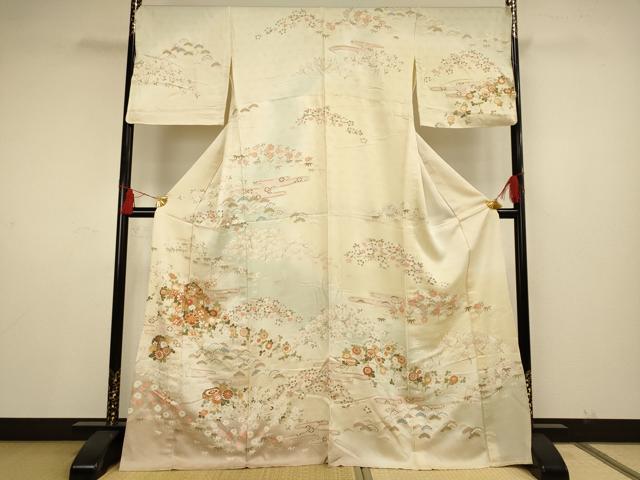平和屋着物▽訪問着 単衣 駒刺繍 貝桶草花文 暈し染め 金彩 正絹 逸品 AAAS4962fy