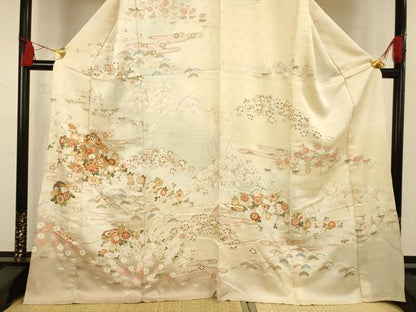 平和屋着物▽訪問着 単衣 駒刺繍 貝桶草花文 暈し染め 金彩 正絹 逸品 AAAS4962fy