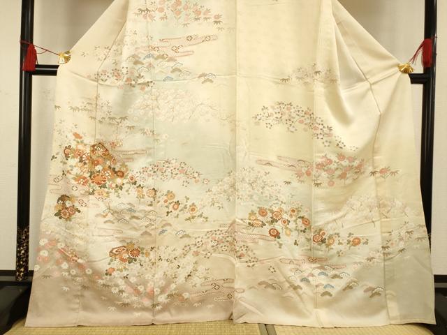 平和屋着物▽訪問着 単衣 駒刺繍 貝桶草花文 暈し染め 金彩 正絹 逸品 AAAS4962fy