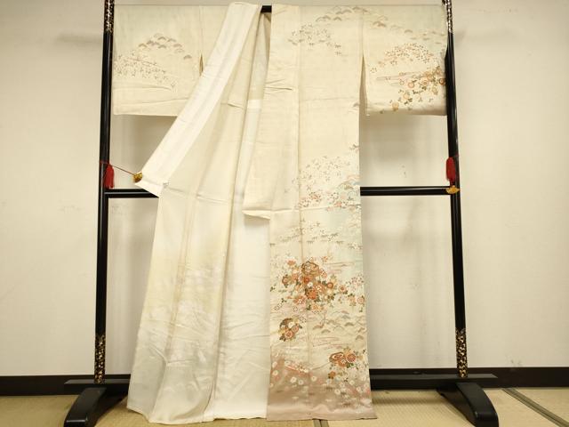 平和屋着物▽訪問着 単衣 駒刺繍 貝桶草花文 暈し染め 金彩 正絹 逸品 AAAS4962fy