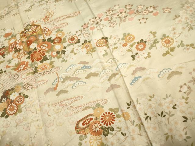 平和屋着物▽訪問着 単衣 駒刺繍 貝桶草花文 暈し染め 金彩 正絹 逸品 AAAS4962fy