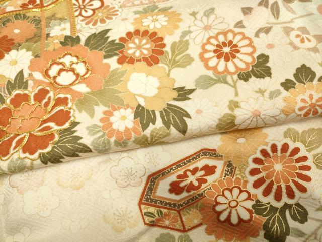 平和屋着物▽訪問着 単衣 駒刺繍 貝桶草花文 暈し染め 金彩 正絹 逸品 AAAS4962fy