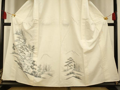 平和屋着物▽結城紬 訪問着 単衣 作家物 手描き 風景文 金彩 証紙付き 正絹 逸品 AAAS4972fy