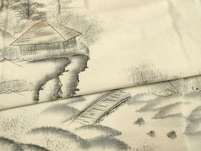 平和屋着物▽結城紬 訪問着 単衣 作家物 手描き 風景文 金彩 証紙付き 正絹 逸品 AAAS4972fy