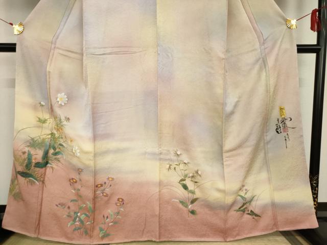 平和屋着物●紙芸創作者・横山優 和紙 訪問着 草花文 暈し染め 正絹 逸品 未使用 AAAS6678ck