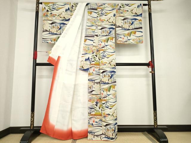 平和屋着物●型絵染の人間国宝　稲垣稔次郎　小紋　型染め　人物風景文　正絹　逸品　AAAS6694ck