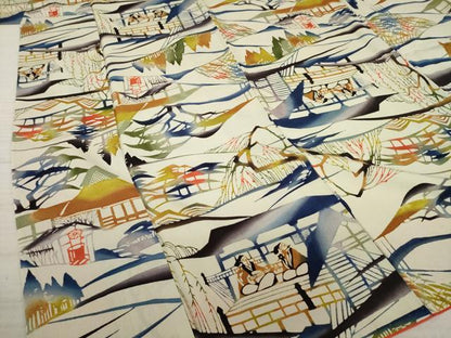 平和屋着物●型絵染の人間国宝　稲垣稔次郎　小紋　型染め　人物風景文　正絹　逸品　AAAS6694ck