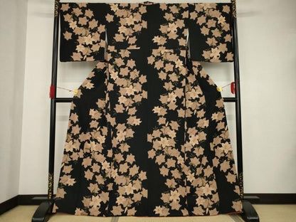 平和屋着物●上質な小紋　花尽し　ユリ　黒地　金彩　正絹　逸品　AAAS6705ck