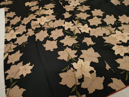 平和屋着物●上質な小紋　花尽し　ユリ　黒地　金彩　正絹　逸品　AAAS6705ck