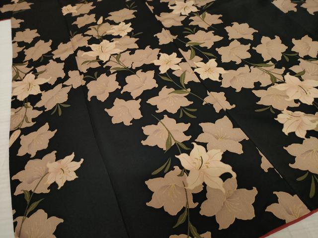 平和屋着物●上質な小紋　花尽し　ユリ　黒地　金彩　正絹　逸品　AAAS6705ck
