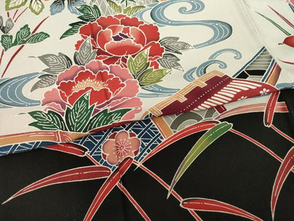 平和屋着物●豪華振袖 紅型 流水風景花鳥文 正絹 逸品 AAAS6720ck