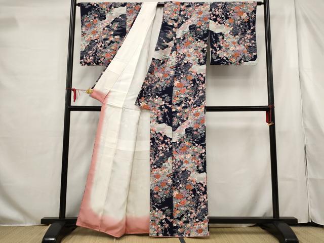 染め小紋（枝花文）裄66,５正絹美品 平和屋着物□上質な小紋 流水枝花文 金彩 正絹 逸品 未使用