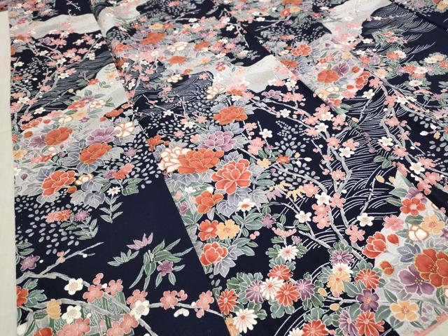 染め小紋（枝花文）裄66,５正絹美品 平和屋着物□上質な小紋 流水枝花文 金彩 正絹 逸品 未使用